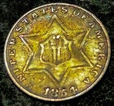1854/3 3 Cent Silver 3c Rare Key Overdate FS-301 High Grade AU Toned