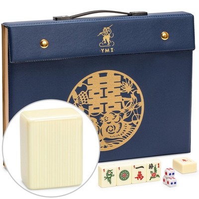 Chinese Mahjong Set 146 Melamine Tiles Blue Vinyl Case Traditional Gameplay
