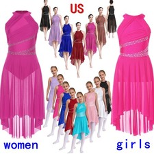 US Lyrical Dance Dress Women Girls Shiny Rhinestone Contemporary Ballet Costume