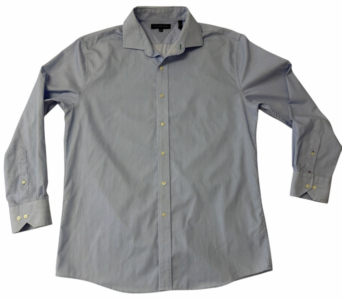 Tommy Hilfiger Shirt Men's Blue White Stripe Long Sleeve Size 16.5 32-33
