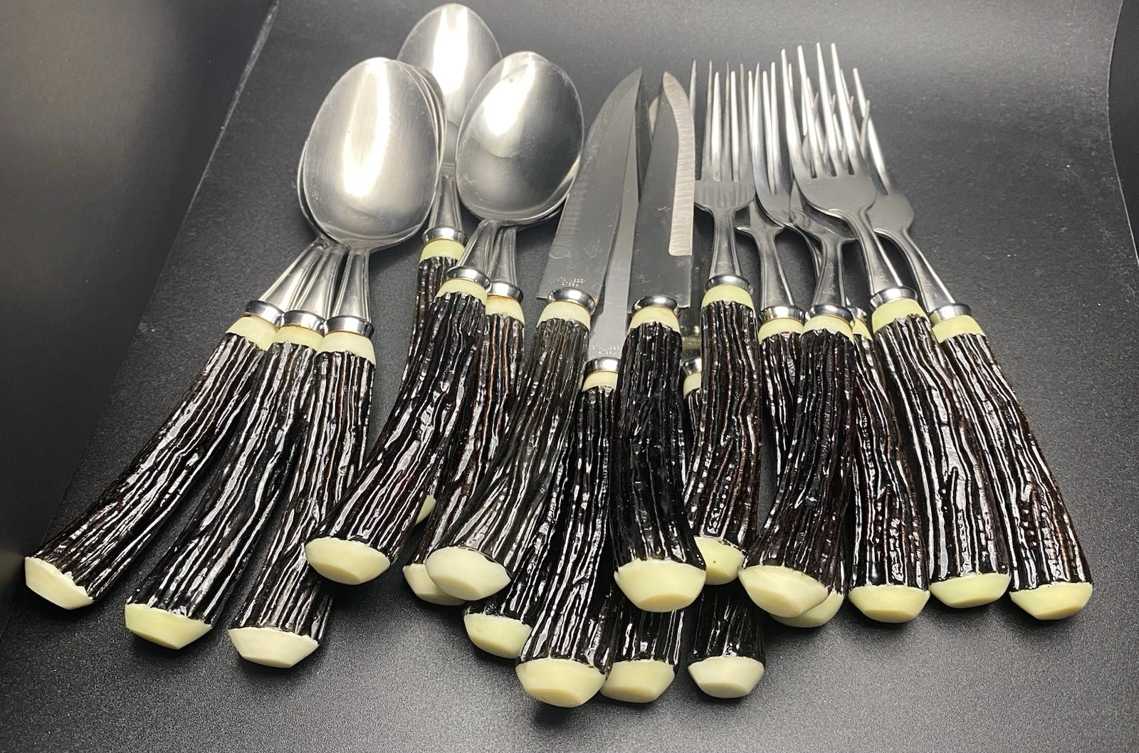 Vintage Japan Serrated Steak Knives, Forks, Spoon Faux Stag Bone Handle 18 Total