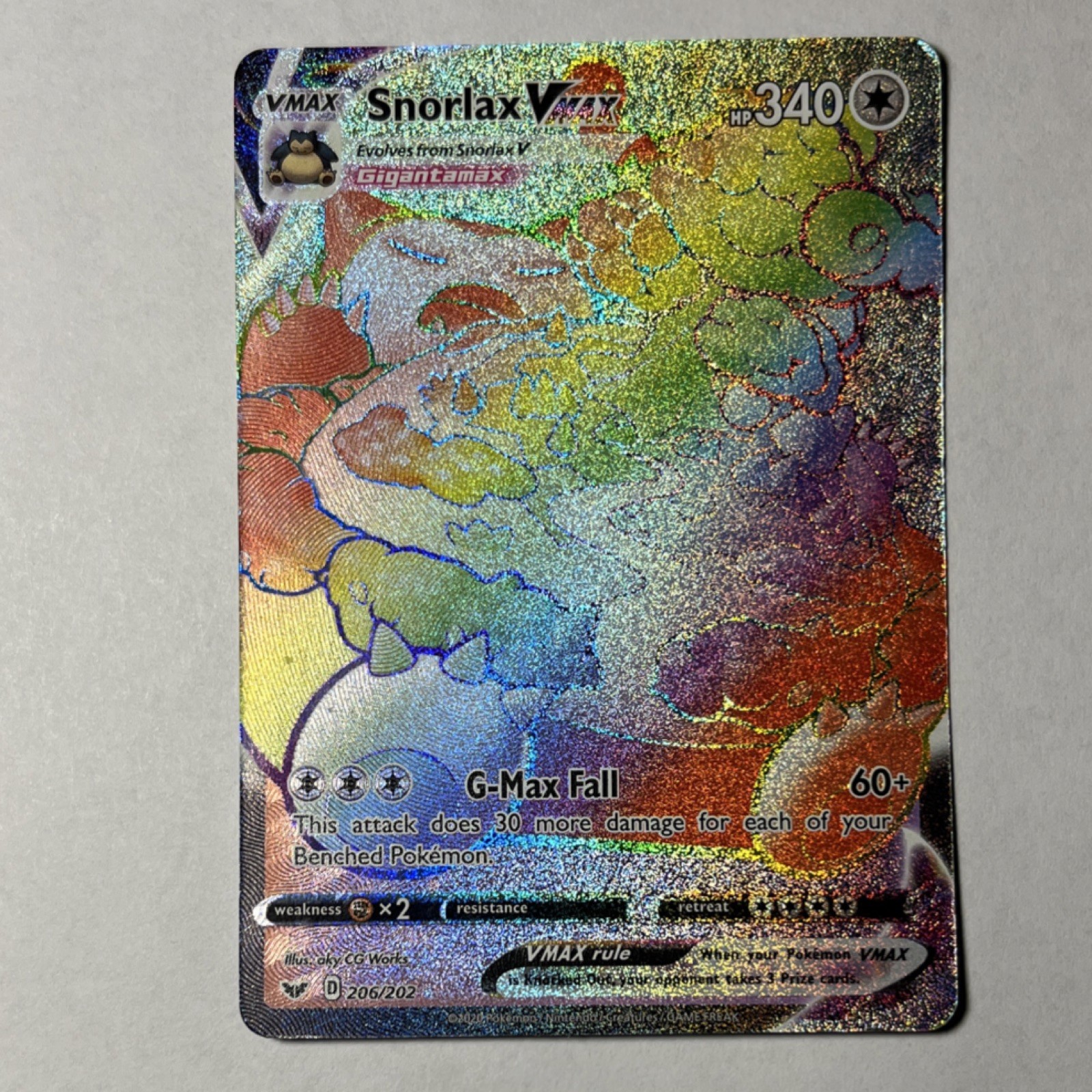 Pokémon Snorlax VMAX Secret Rare Full Art Holo 206/202 Sword & Shield