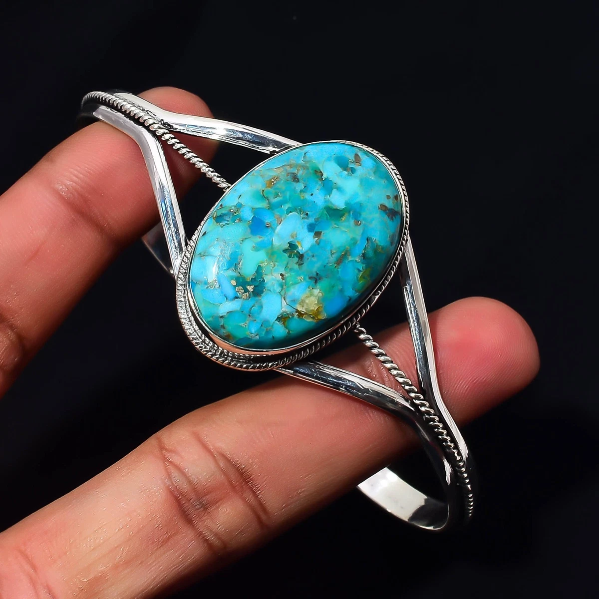 Copper Turquoise Gemstone 925 Sterling Silver Handmade Bangle Jewelry Gift For