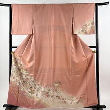 Japanese Silk Kimono M 160.5cm Pink Fan face Cherry blossom Gradation Lined 5822