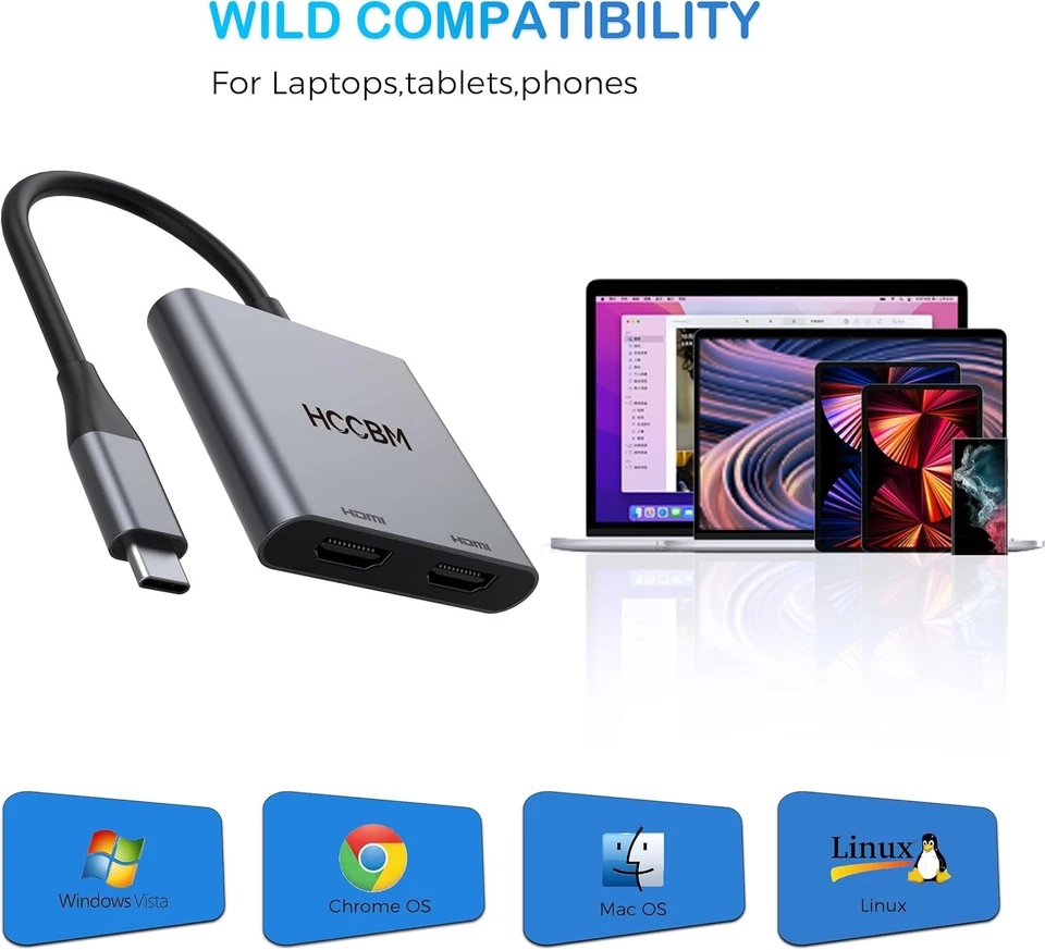 HDMI Adapter Hub USB Type-C To Dual Monitors Adapter USB-C 2 HDMI Station, Grey - Image 3 of 4