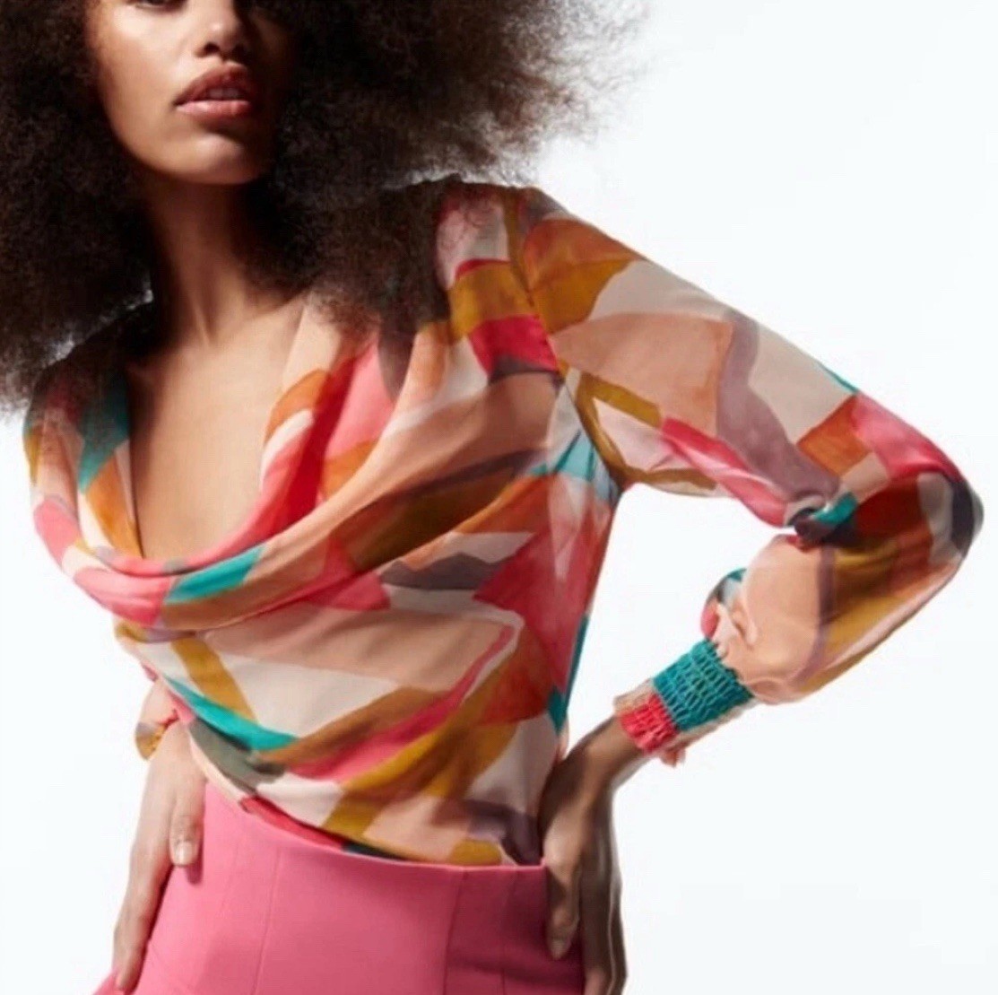 Zara Pastel Watercolor Cowl Neck Long Sleeve Semi-Sheer Top Medium