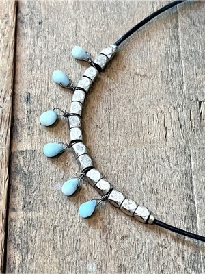 Fossil Amazonite Nugget Drops Leather Cord Silver Cube Necklace 20 