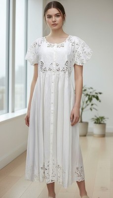Hibis Lace Works Women's Maxi Dress Short Sleeve Embroidered White Size L