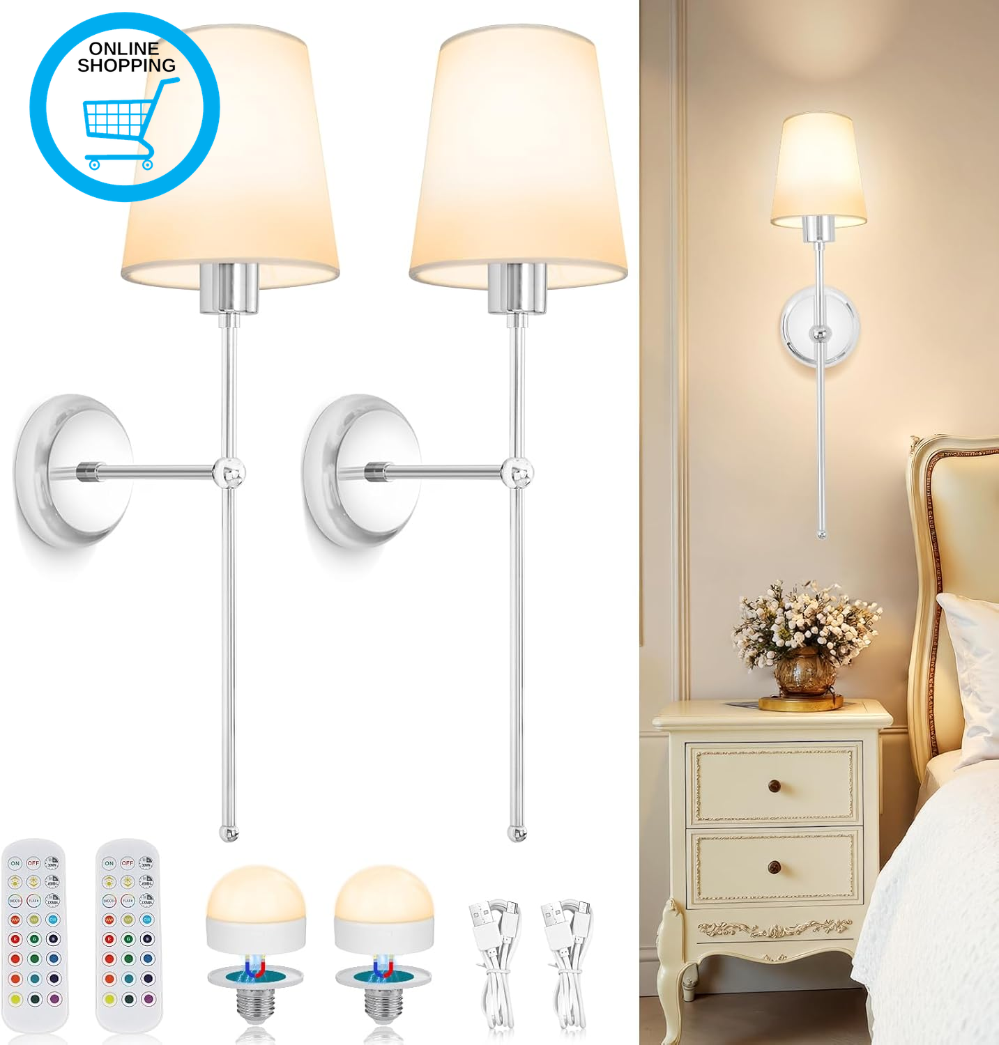 Battery-Operated Wall Sconces, Rechargeable LED Wall Lights Set of 2, Dimmable W