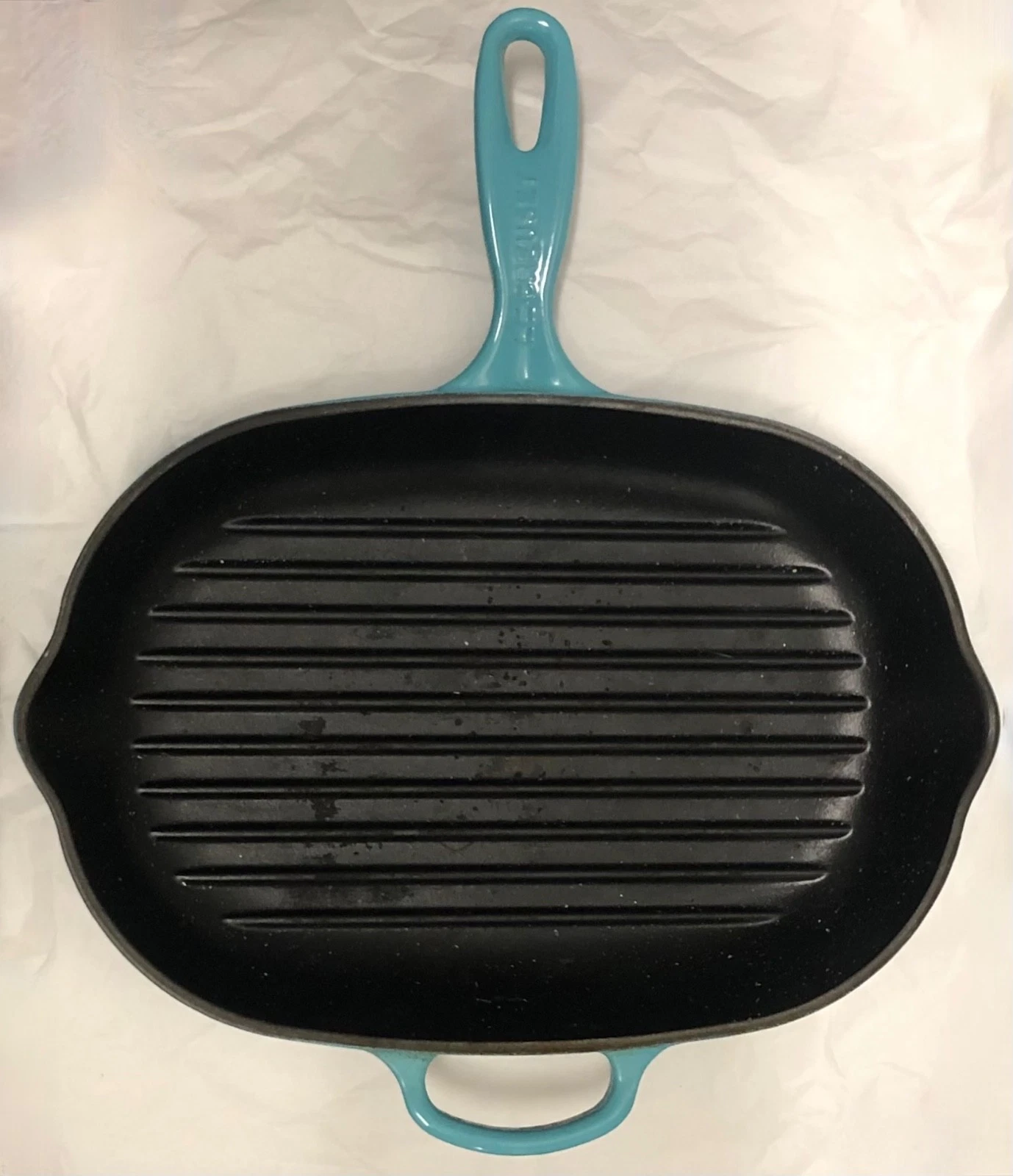 LE CREUSET CARIBBEAN BLUE ENAMEL CAST IRON OVAL GRIDDLE GRILL PAN FRANCE 12 1/2