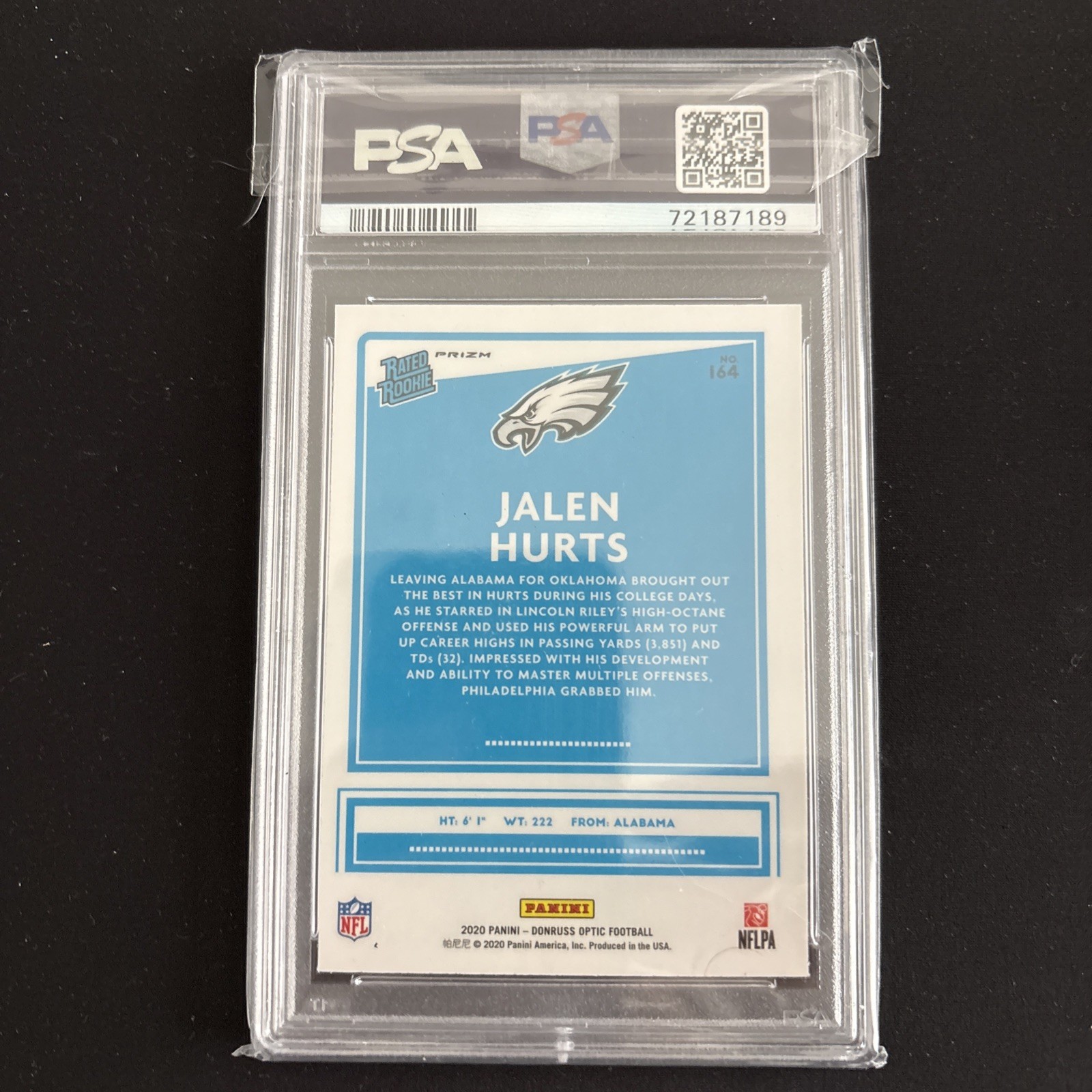 2020 Panini Donruss Optic  Jalen Hurts Green Velocity Color Match PSA 9 view 2