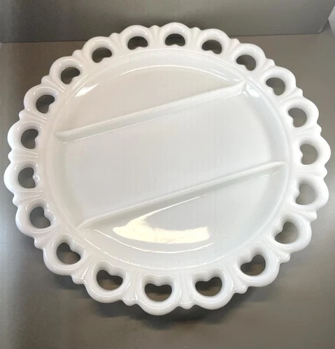 Vtg Anchor Hocking "Old Colony" Lace Edge Divided Serving Platter Milk Glass 13”