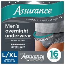 Assurance Men's Overnight Incontinence Underwear L/XL,Ultimate Absorbency (16ct)