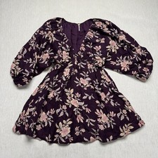 Free People Mini Dress Womens XS Purple Portia Floral Linen 3/4 Sleeve V-Neck