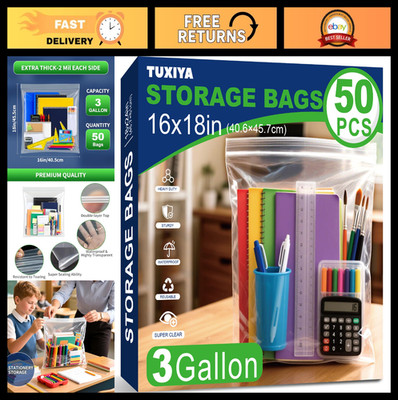 50 Pack Large 3 Gallon Zipper Storage Bags 16x18 Inch, Reusable Clear Sealable B