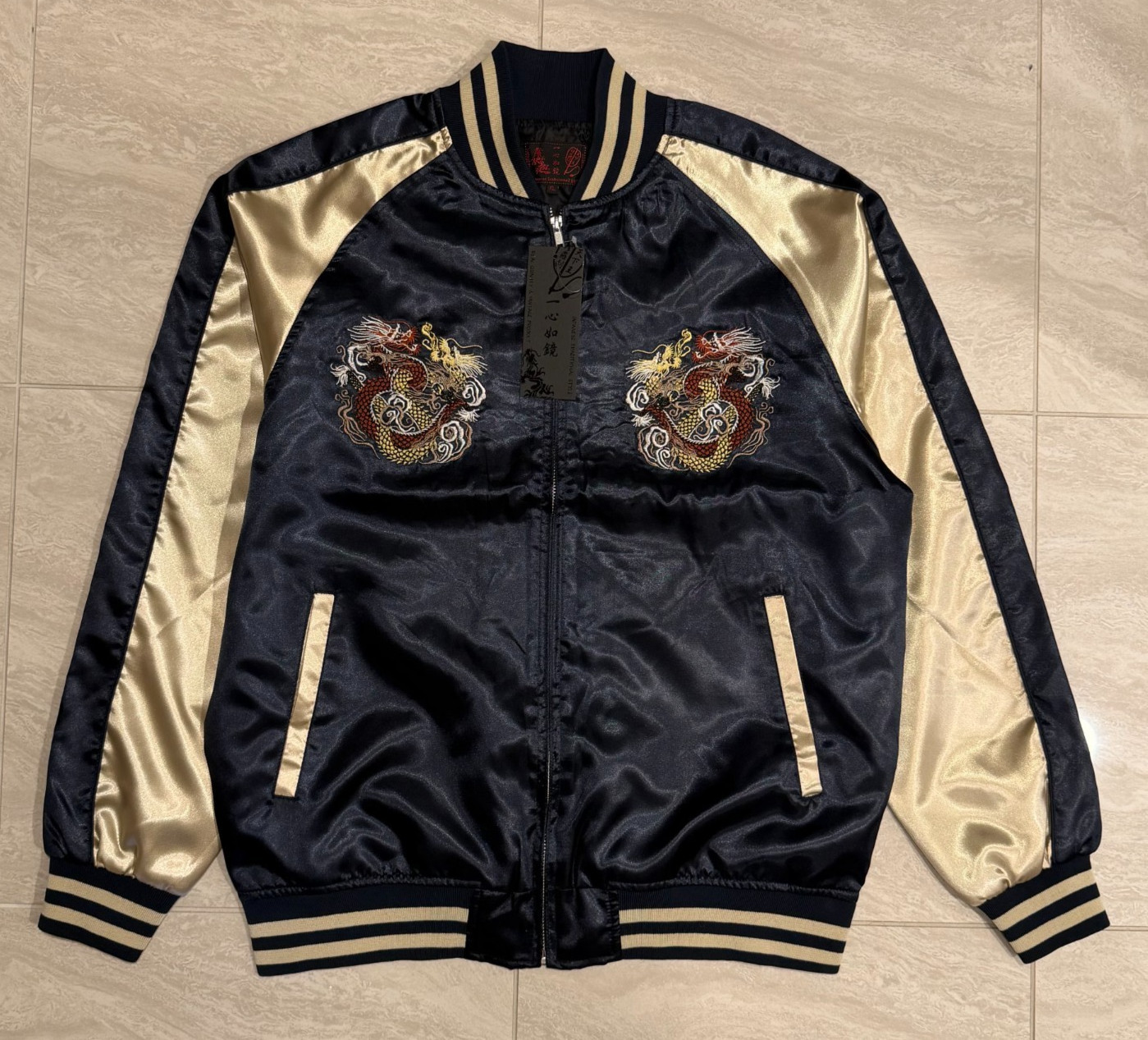 Sukajan Jacket Double Dragon Embroidery Navy Satin XL Japan Souvenir FS