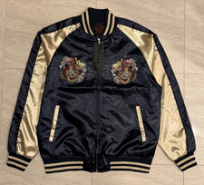Sukajan Jacket Double Dragon Embroidery Navy Satin XL Japan Souvenir FS