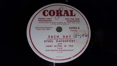 ETHEL DAVENPORT & JIMMY BLYTHE Black Gospel 78 Coral 65005 Each Day/Like A River