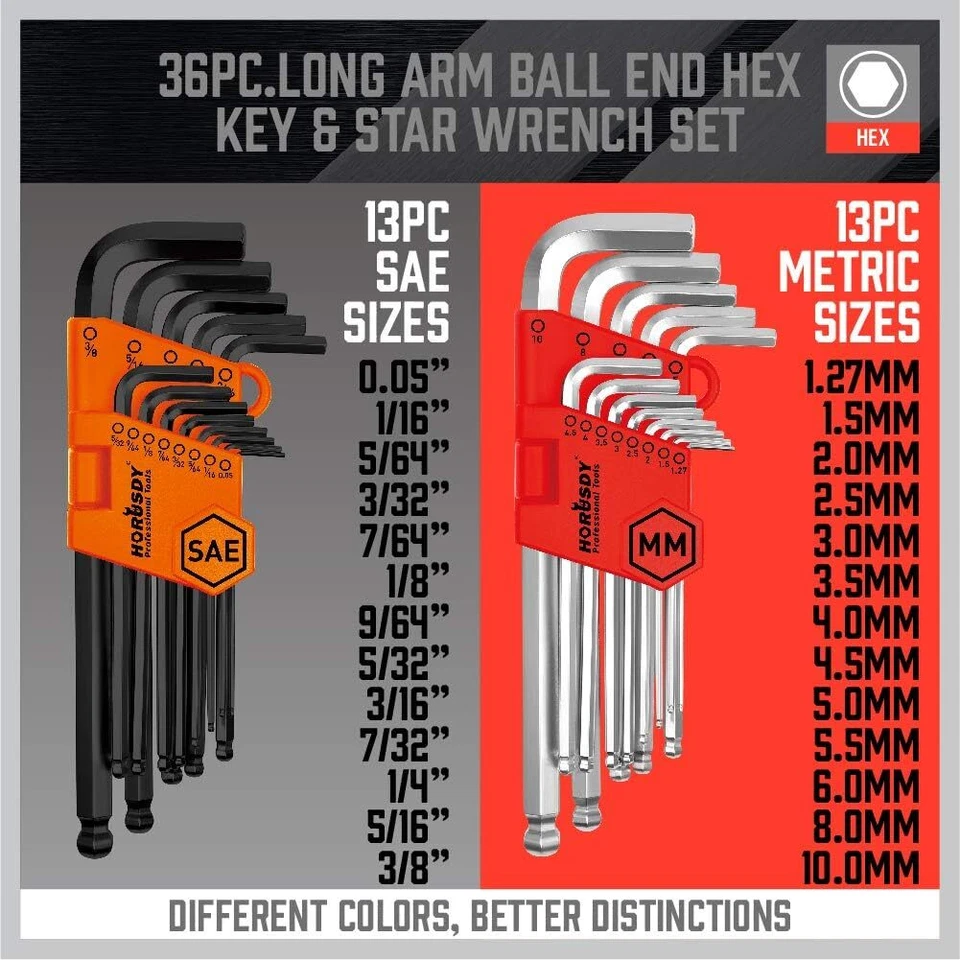 Juego de llaves Allen hexagonales con extremo de bola de brazo largo de 36 piezas estrella métrica en pulgadas con bolsa de regalo Foto 4 de 4