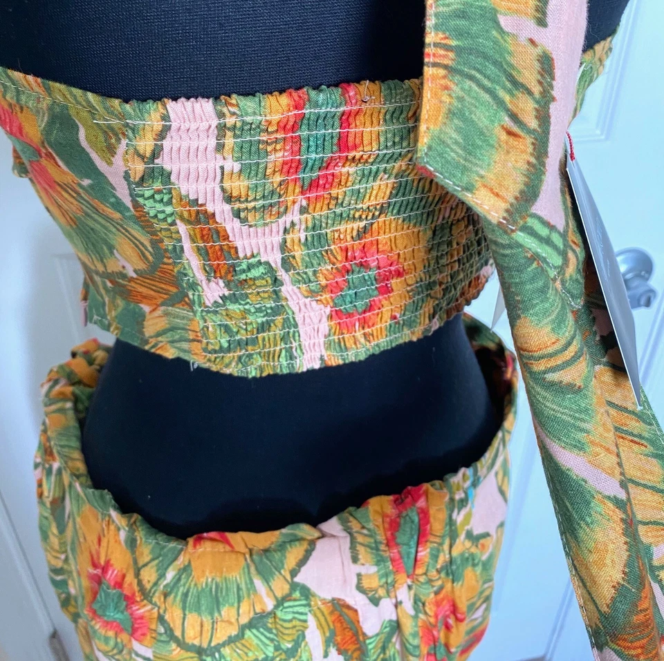 CYNTHIA ROWLEY Tropical Print 2pc Smocked Bralette Crop Top + Wrap Tie Skirt M - Image 4 of 4