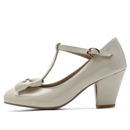 Damenschuhe Mary Jane große Größen Schleife T-Riemen spitz zulaufend Blockabsatz Pumps - Bild 6 von 17