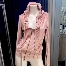 Patrizia Pepe Hoodie Size 2 Small Medium Pink Crushed Velvet Sweatshirt Zip Up M