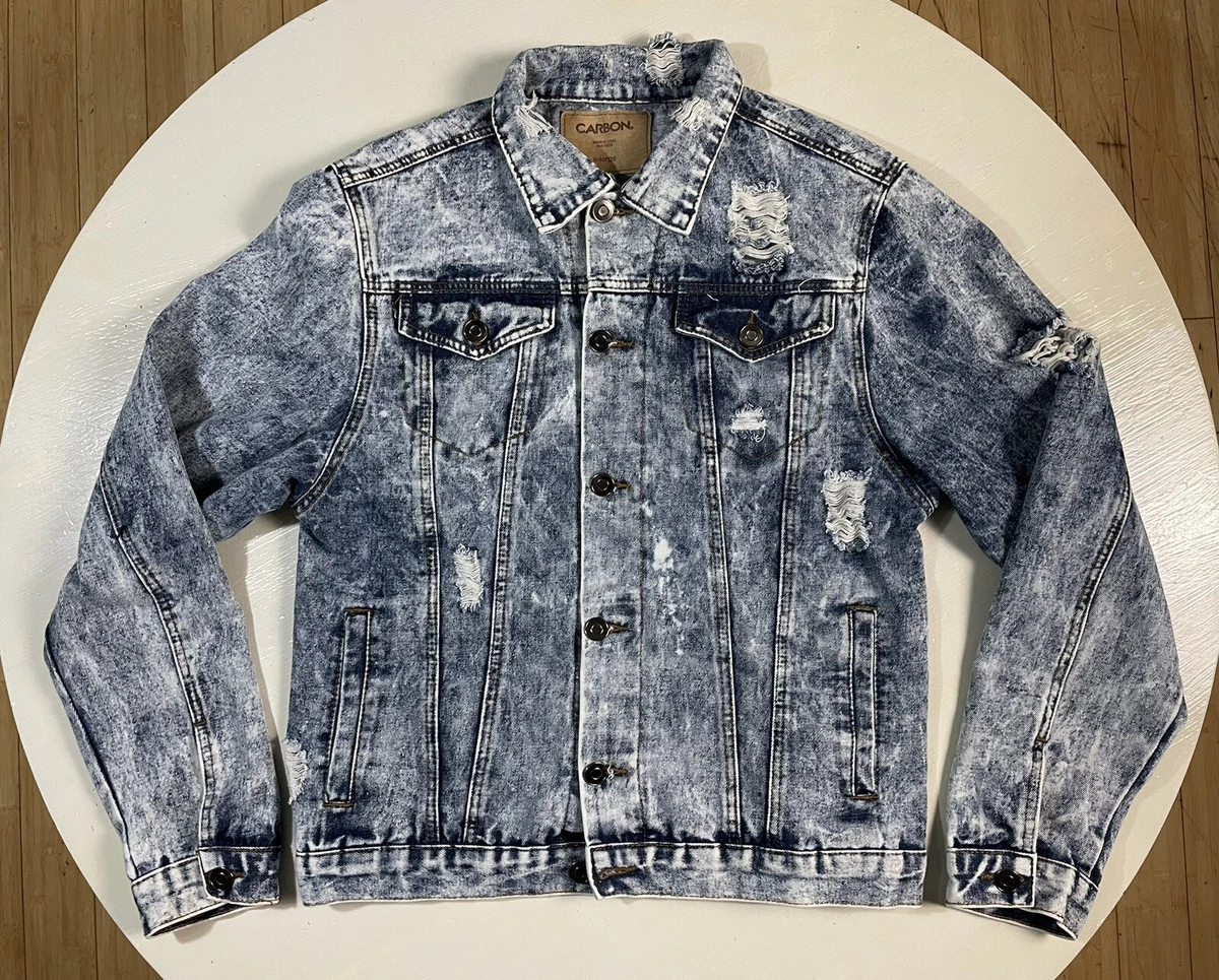 Carbon Jeans Distressed Weathered Blue Acid Wash Denim Trucker Jacket Men s XL