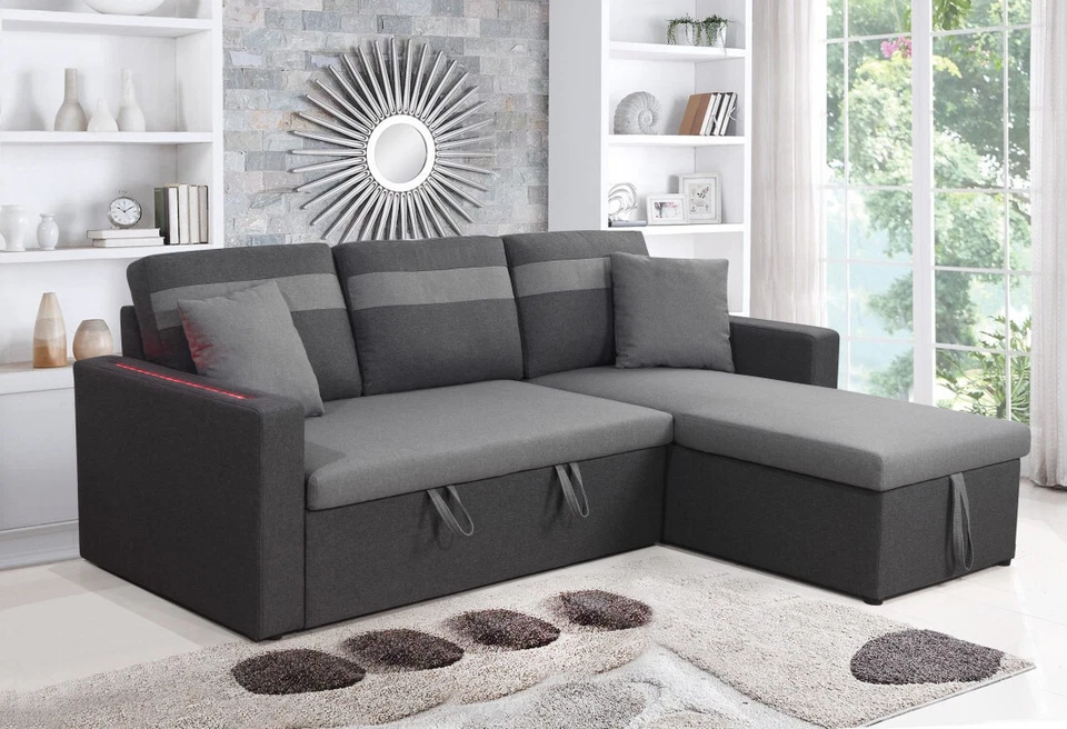 MEGA DIVANO LETTO ANGOLARE CONTENITORE LED GRIGIO BRACCIOLI MATRIMONIALE - ITA - Immagine 2 di 4