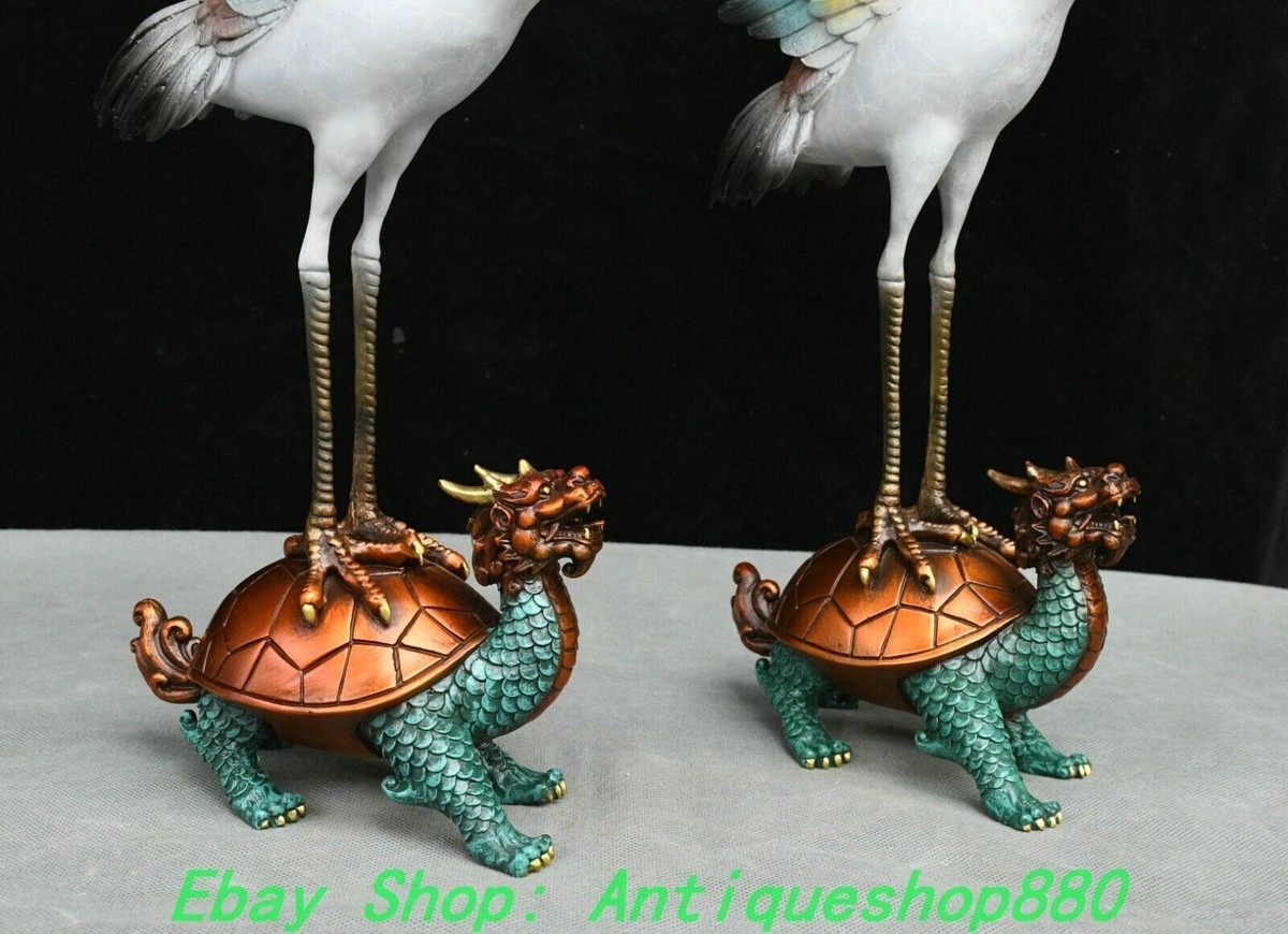 12'' Old Pure Bronze Painting Feng Shui Tortoise Turtle Crane