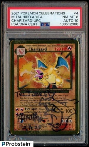 Pokemon Charizard Gold Metal UPC Mitsuhiro Arita Signed Sketched PSA 8 AUTO 10