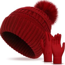 Women's Knitted Beanie Hat Gloves Set Winter Pom Pom Cable Knit Hat with Red