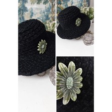 LADIES Black hat soft velour ribbed flowerpot style with brooch SIZE medium