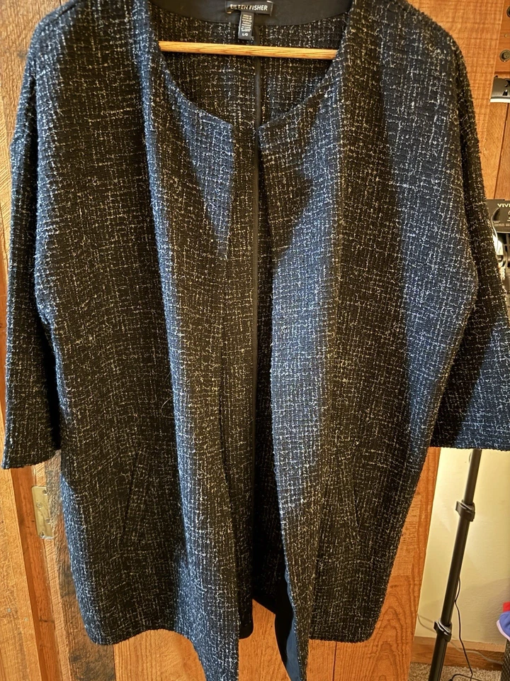 Chaqueta Blazer Para Mujer Eileen Fisher Tweed Brezo Negro Blanco Frente Abierto Grande Foto 2 de 4