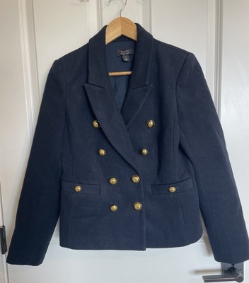 Halogen x Atlantic Pacific Double Breasted Coat Wool Blend Navy Gold Button Sz 8