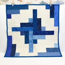 Handmade Blue Cream Geometric Quilted Wall Hanging Small Lap Blanket 24" x 24"