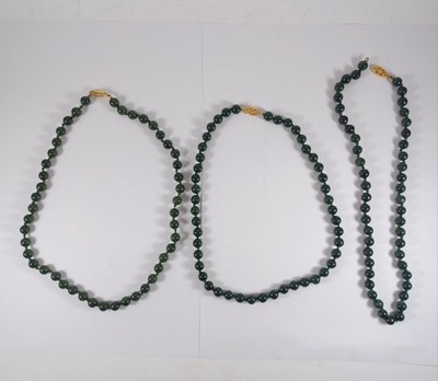 Antique/Vintage Chinese Deep Green Jade 7mm Bead Necklaces, 114 Grams, 18''-19''