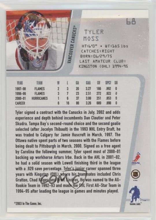 2002 ITG Be A Player Between the Pipes Gold Missing Serial Number Tyler Moss #68 - Image 2 of 2