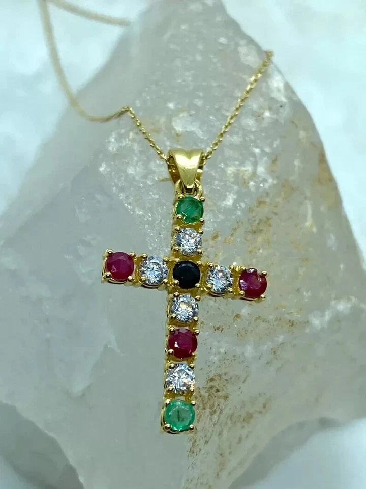 14K Yellow Gold Plated 2 Ct Round Cut Lab Created Diamond Cross Women's Pendant - Image 2 of 4