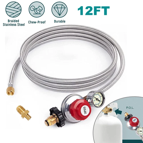 High Pressure Propane Regulator 12FT Braided Hose 30-PSI High Flow with Gauge