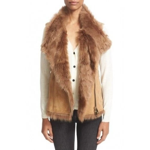 BURBERRY Nuovo Cappotto Gilet Shearling Donna Cammello CEDARVILLE Pelle Agnello 0US XS