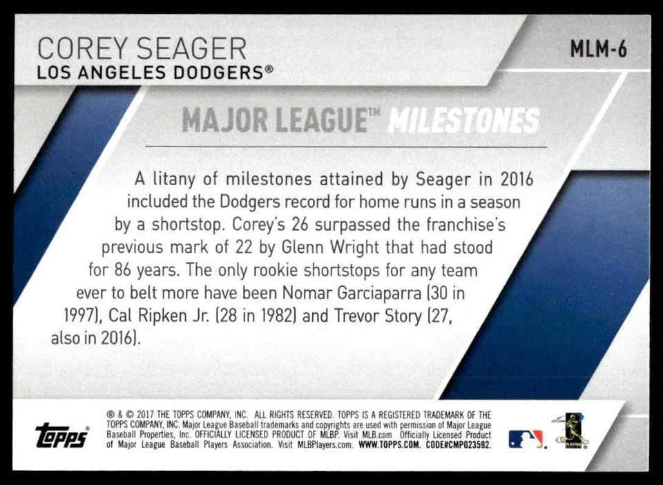 2017 Topps Major League Milestones Corey Seager #MLM-6 R70 - Image 2 of 2