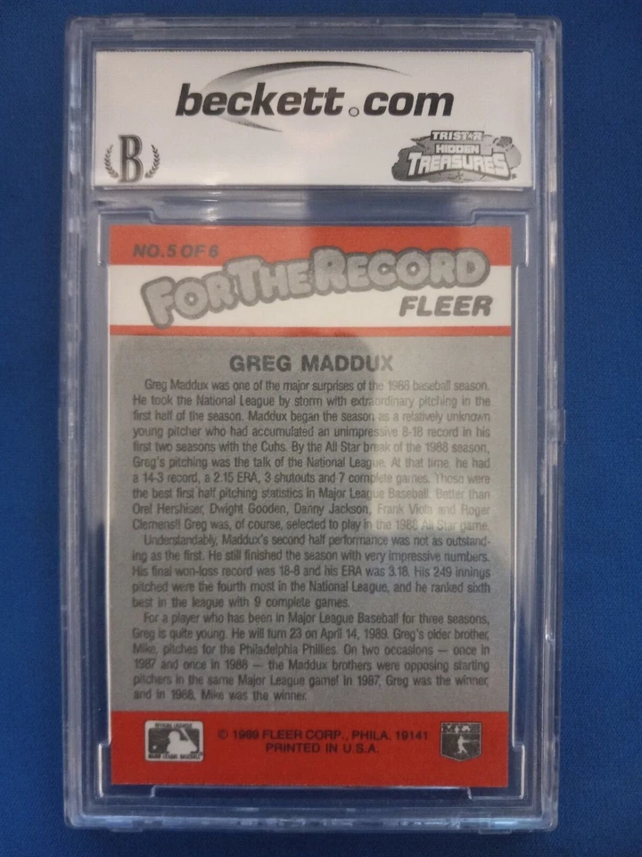1989 FLEER FOR THE RECORD GREG MADDUX CARD # 5/6 BCCG GRADE MINT 10 CHICAGO CUBS - Image 2 of 2