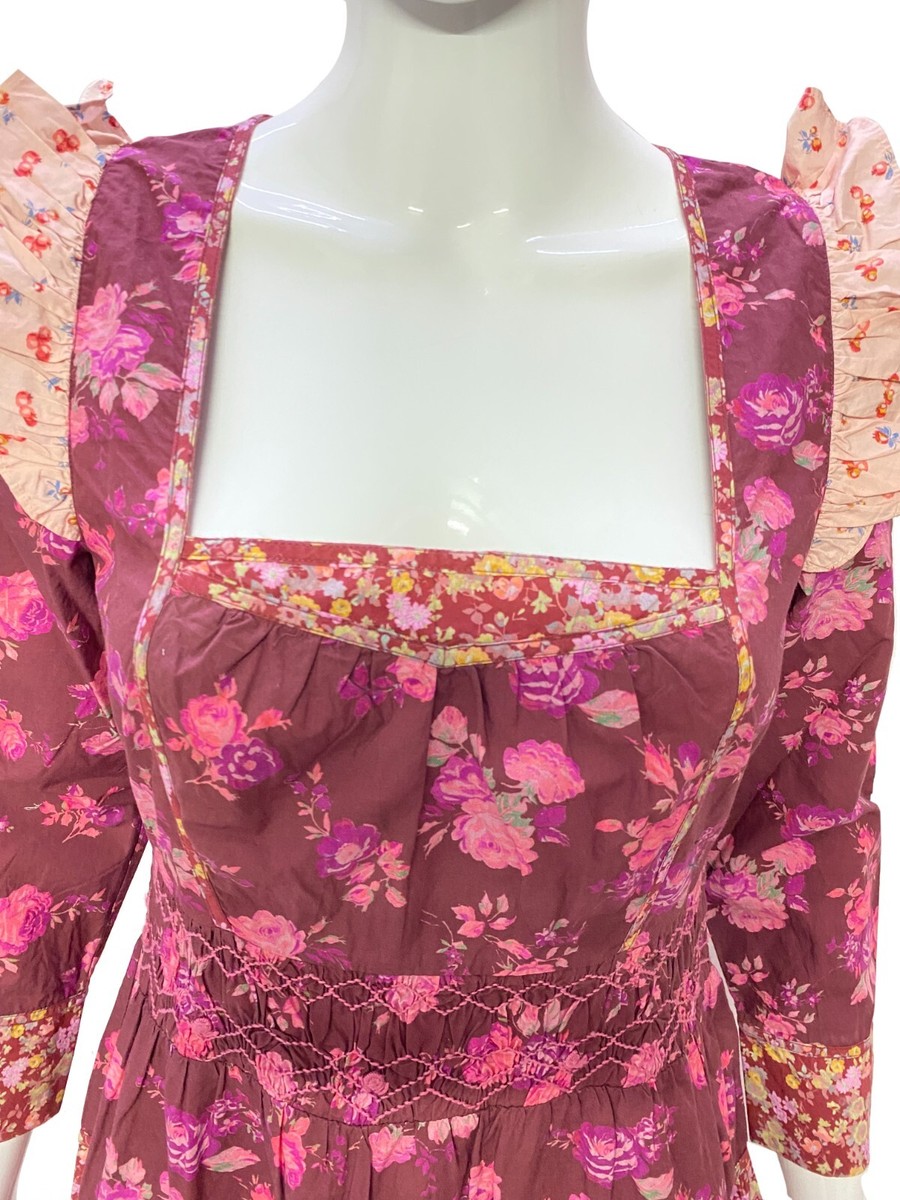 LoveShackFancy Women's Floral Printed Embroidered Smocked Tiered Midi Dress  S | eBay