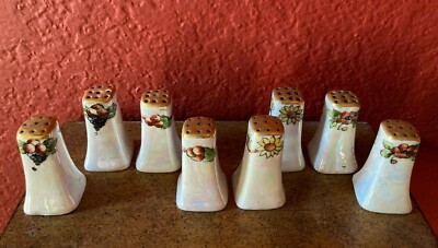 VINTAGE MINI JAPAN SALT PEPPER SHAKERs HANDPAINTED GOLD TOP PORCELAIN -Set of 4!