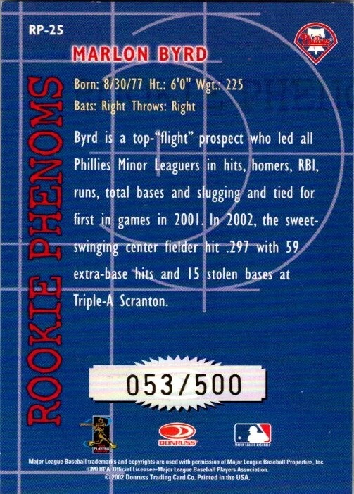 2002 Donruss MARLON BYRD Philadelphia Phillies ROOKIE PHENOMS AUTO 053/500 - Image 2 of 2