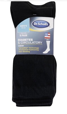 Dr Scholl s  Men s 6 PAIR Diabetes & Circulatory Crew Black Socks size 7-12