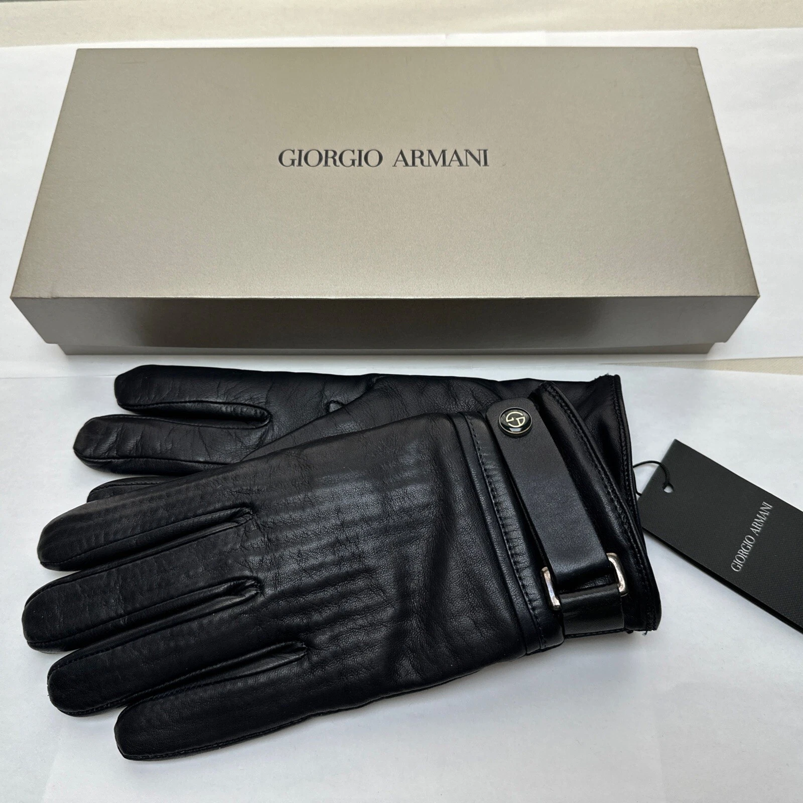 NWT Giorgio Armani Women Navy Leather Cashmere Gloves Size S Italy
