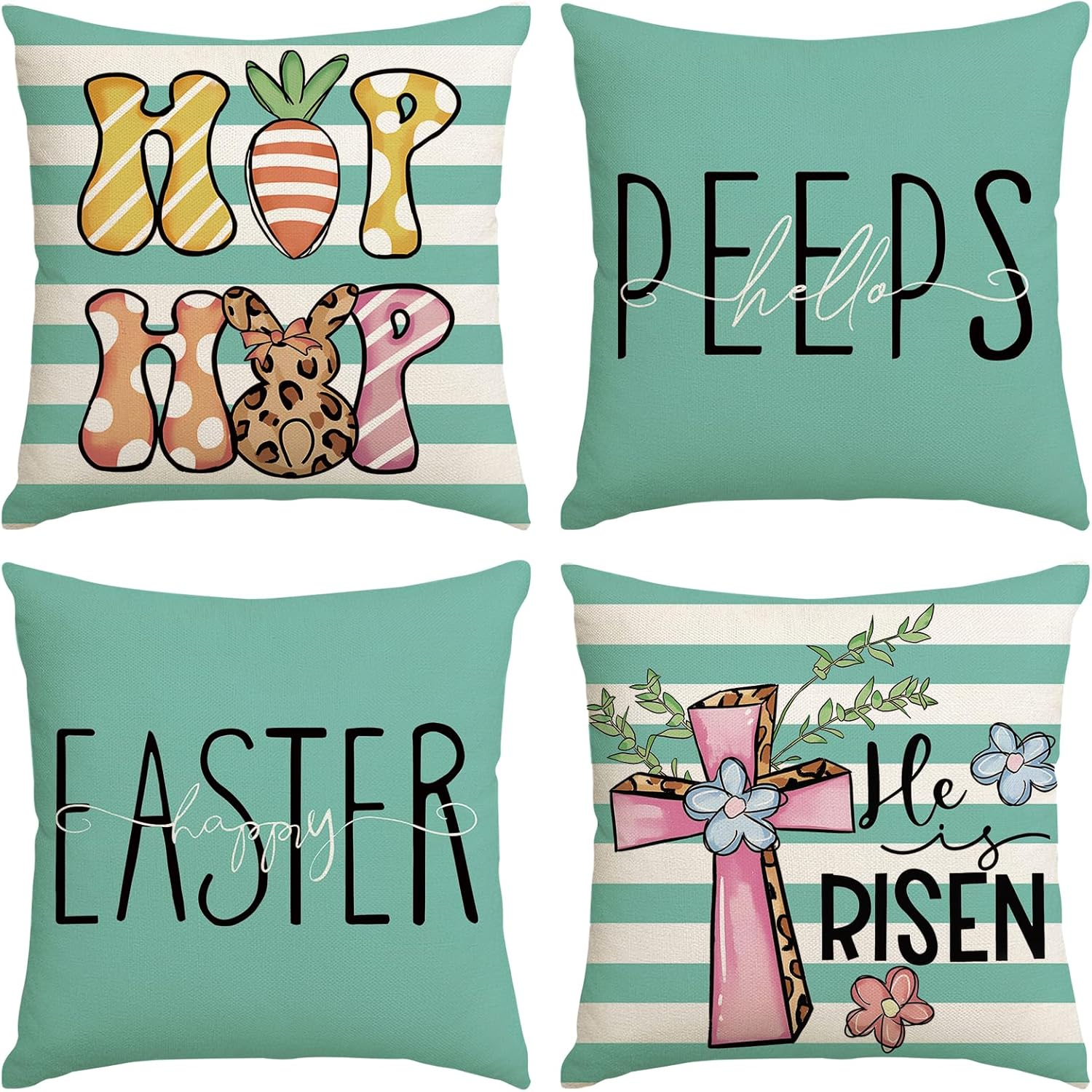 Set of 4 18x18 Bunny Carrots Green Easter Spring Throw Pillow Covers-image