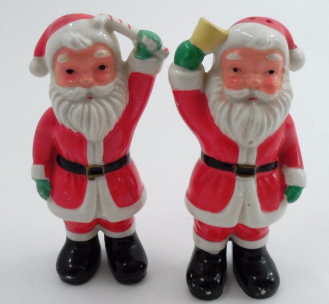 1950s Japan 5&quot; Santa Claus St Nick Bell Ringer Candy Cane Salt &amp; Pepper