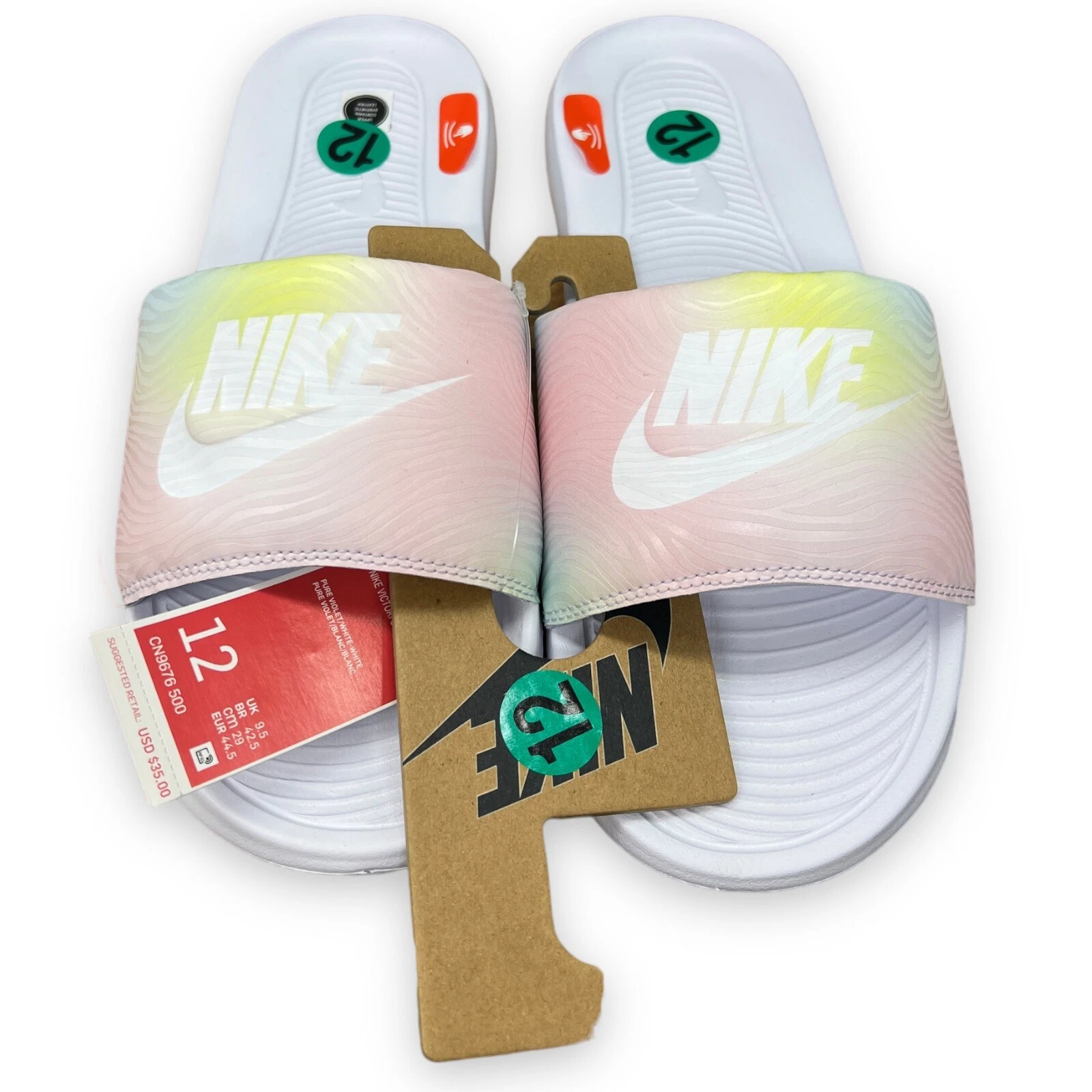 Nike donna Victori One stampa slide taglia 12 viola bianco rosa giallo nuove